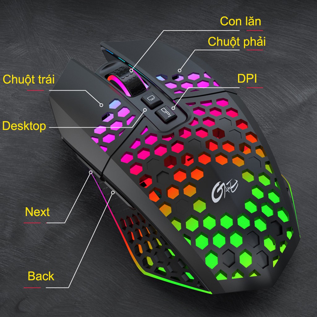 Chuột không dây chơi game HXSJ X801 thiết kế độc lạ Led RGB đổi màu click chống ồn DPI 1600 - Hàng chính hãng