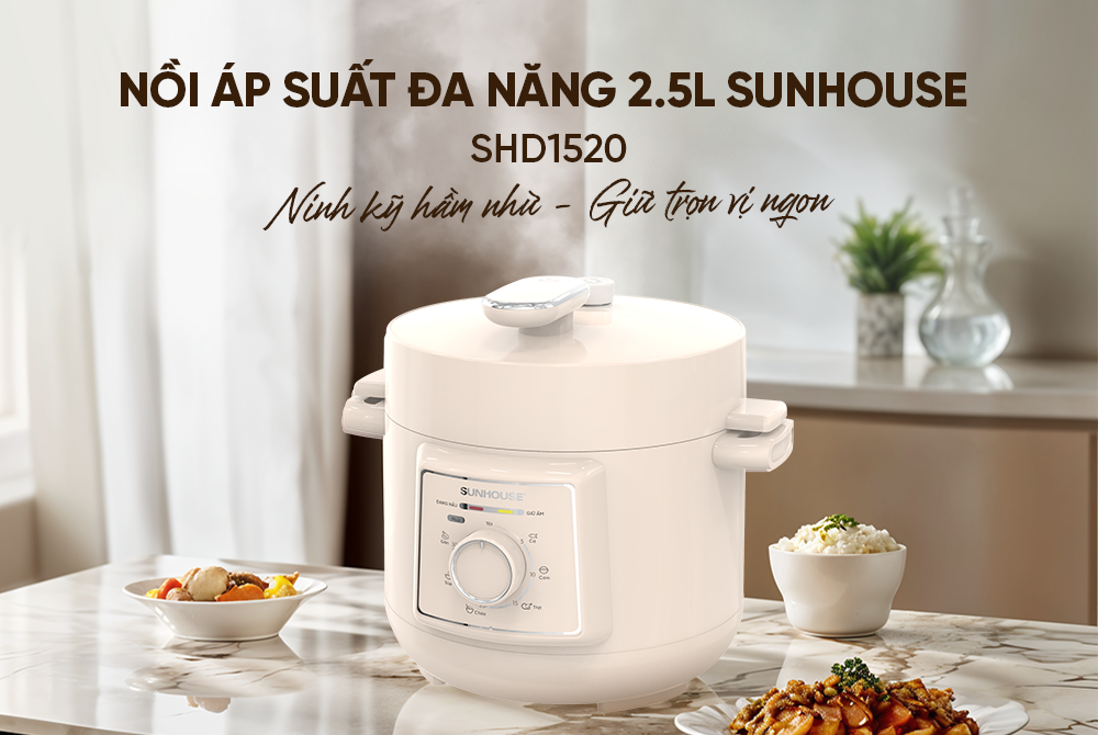 Nồi áp suất điện đa năng 2.5L Sunhouse SHD1520 - Lòng nồi dày 1.8mm - Đa chức năng nấu - Xả áp bằng nút ấn - Hàng chính hãng