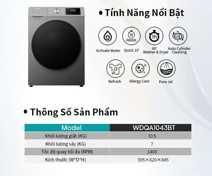 Máy giặt Hisense Inverter cửa ngang WFQA1043BT 10.5kg diệt khuẩn 99%, tiết kiệm điện, bảo hành 3 năm - HÀNG CHÍNH HÃNG