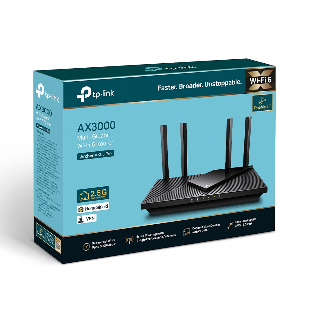 Router WIFI 6 TP-Link Archer AX55 PRO | 2 băng tần 2.4 &amp; 5GHz | 1x WAN/LAN 2.5G | VPN Client | EasyMesh | Bảo hành 2 năm | Hàng Chính Hãng