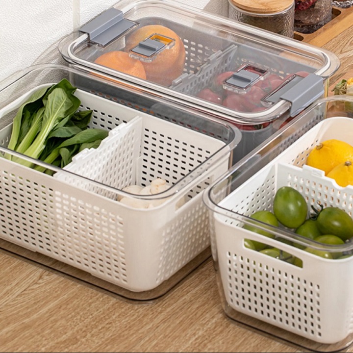 Hộp Nhựa Đựng Thực Phẩm Tủ Lạnh 2 Lớp Có Lỗ Thoát Nước Bảo Quản Rau Củ Dung Tích 1700 ML
