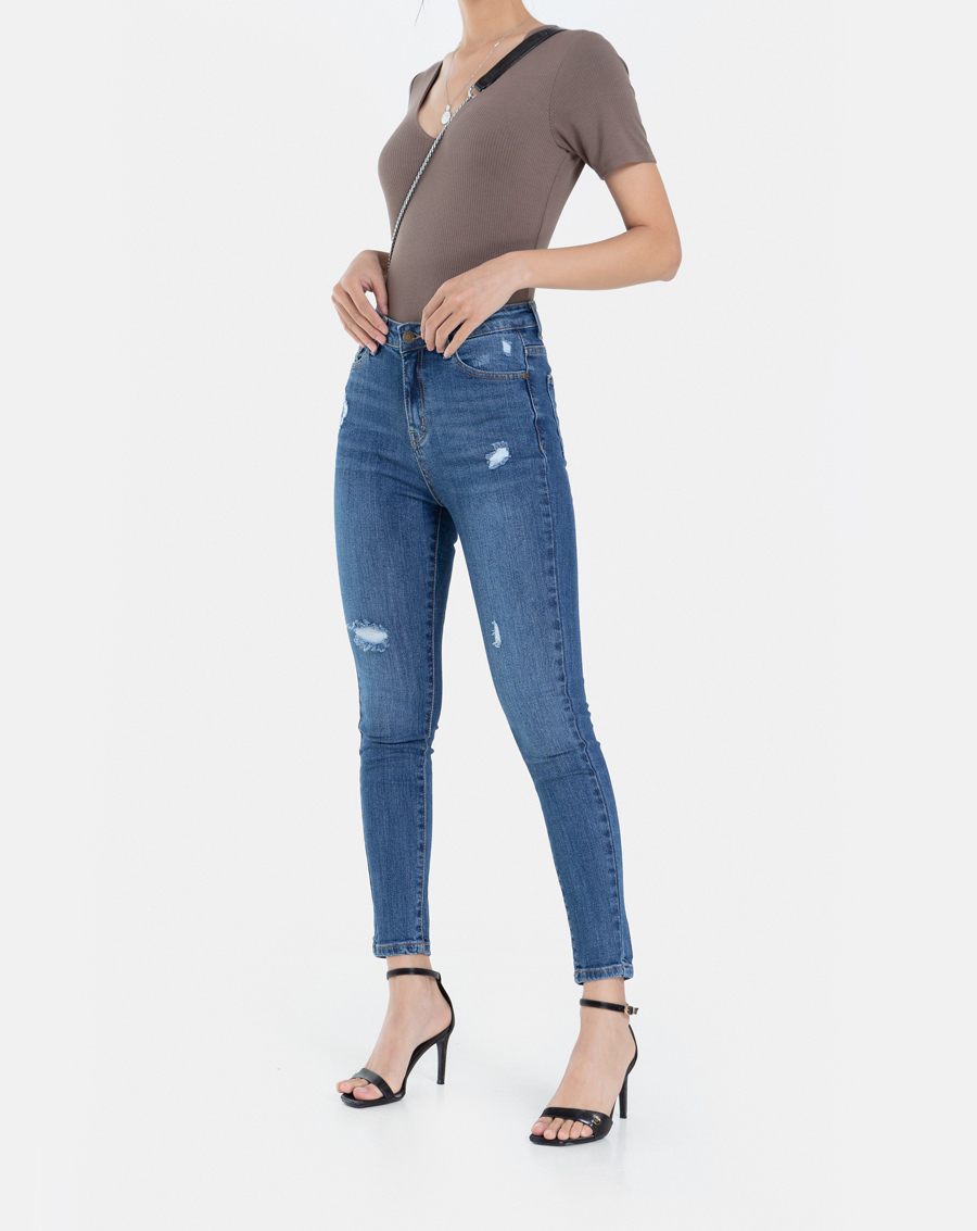 Quần Jean Dài Nữ Thời Trang JUNO Skinny Xước Gối JNQDA003