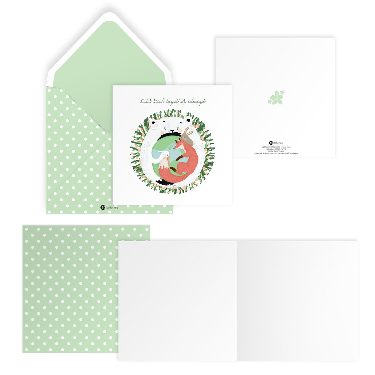 Bộ 5 thiệp vuông 12cm SDstationery LIVE GREEN sinh nhật, tình bạn, tình yêu, chúc mừng, truyền cảm hứng