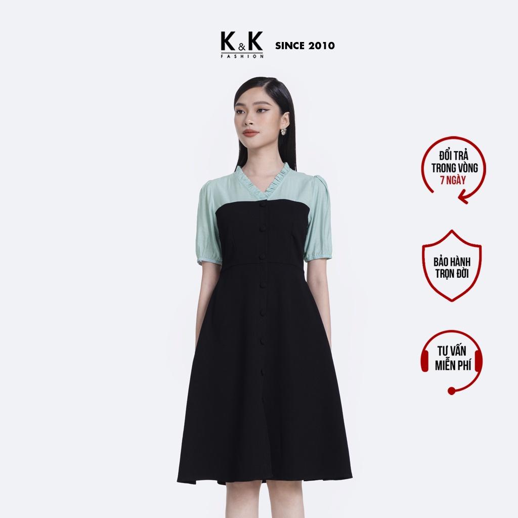 Đầm Xòe Đen Công Sở Phối Màu K&amp;K Fashion KK116-25 Chất Liệu Tuyết Mưa Phối Tơ Nến