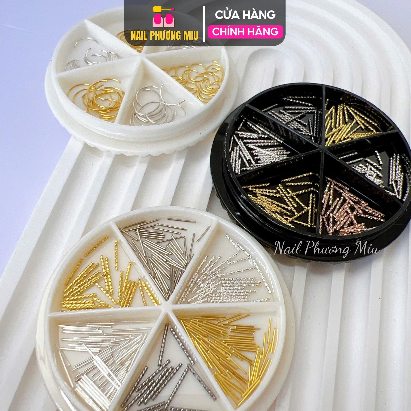 Set Charm Thẳng Cong Kim Loại Làm Nail Khay Nhựa Tròn 6 Ngăn Mix Màu Cao Cấp Trang Trí Móng Vàng, Bạc Và Đồng-nail Phương Miu Nữ Women