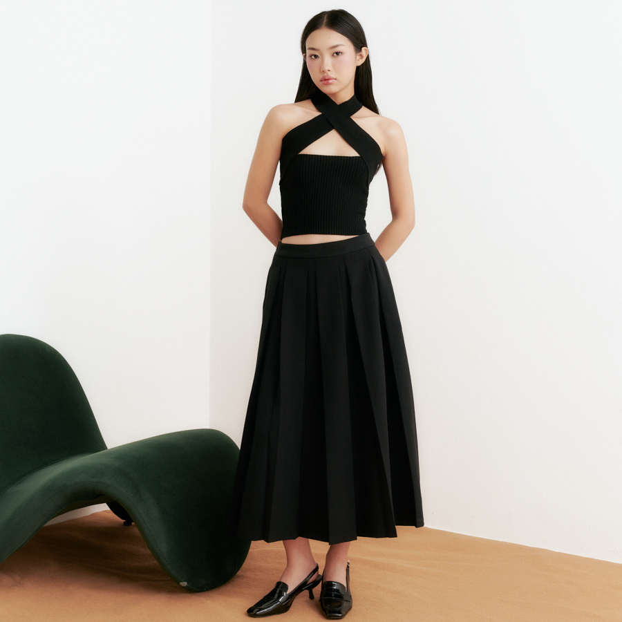 DOTTIE - Chân váy midi dập ly - Đen - S0197