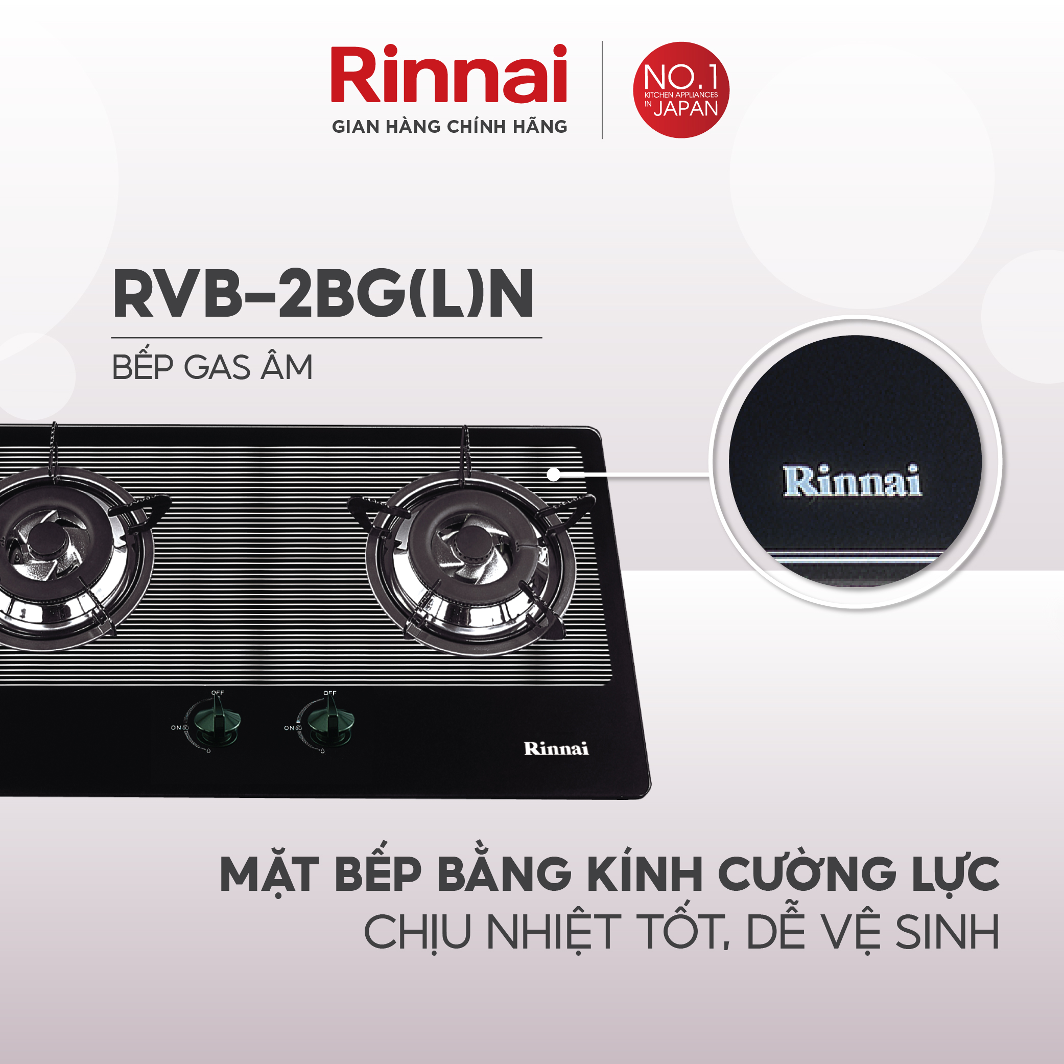 Bếp gas âm Rinnai RVB-2BG(L)N mặt bếp kính và kiềng bếp men - Hàng chính hãng.