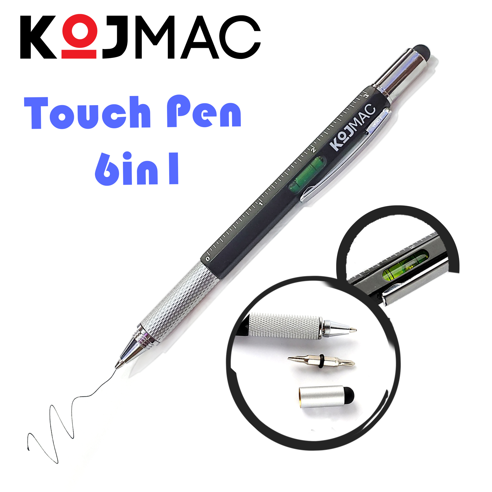 Bút Cảm Ứng Điện Thoại Đa Năng KOJMAC Touch Pen PKA071 6 trong 1 - Hàng Nhập Khẩu ( Tiện Lợi Thông Minh Cao Cấp 6in1 Smart Vẽ Màn Hình Ipad iPhone Tablet Android Phone , Viết được có mực bi, Tua Vít Vặn Ốc 2 Đầu, Thước Kẻ, Thủy Đo Cân Bằng )