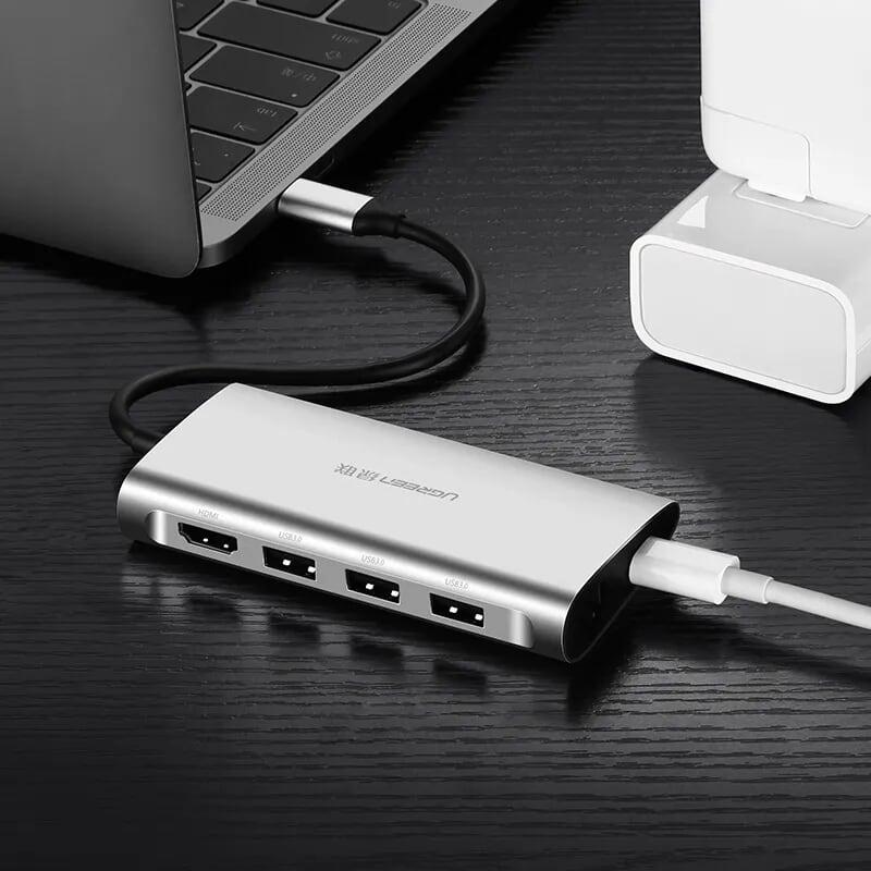 Ugreen UG50516CM121TK 15CM màu Bạc Bộ chuyển đổi TYPE C sang 3 USB 3.0 + HDMI + LAN + TF SD + nguồn TYPE C vỏ nhôm - HÀNG CHÍNH HÃNG