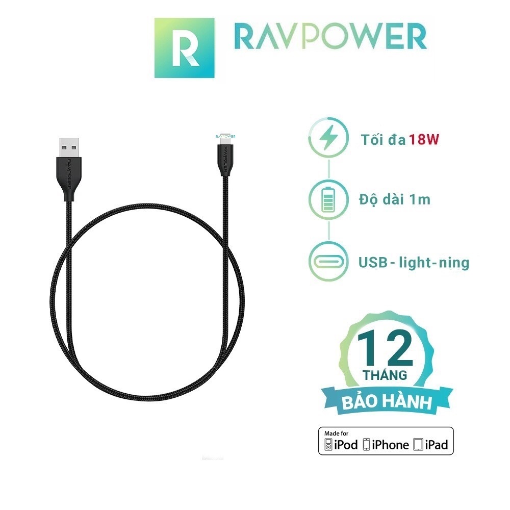 Cáp Sạc USB to Light ning RAVPower RP-CB019 Dài 1m, Chứng Nhận MFI, Sợi Nylon, Chất liệu lõi sợi Kevlar Cao Cấp, Sạc Nhanh