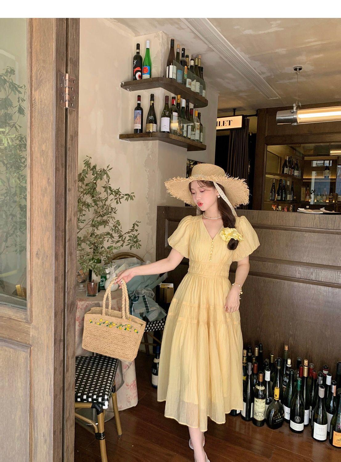 TOBE1SHOP DbyDoi Pháp Vintage dịu dàng gió hiển thị gầy v-cổ tiên nghỉ mát gió váy đầm đầm dài cho trẻ em mùa hè