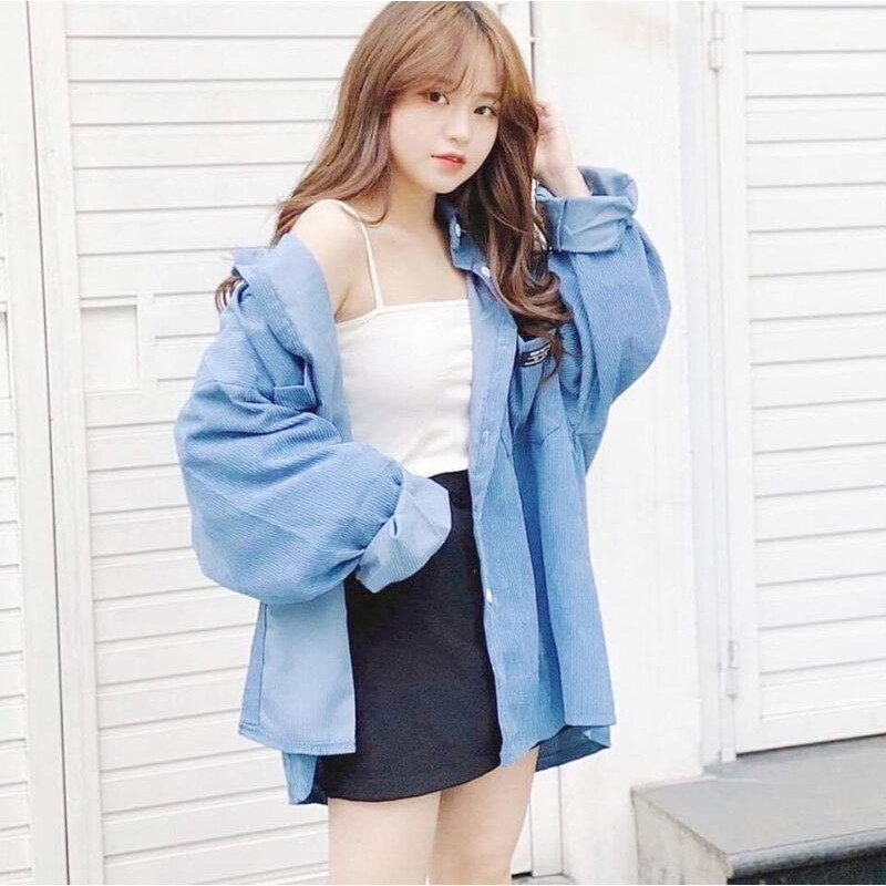 Áo sơ mi nhung cổ bẻ fom thụng