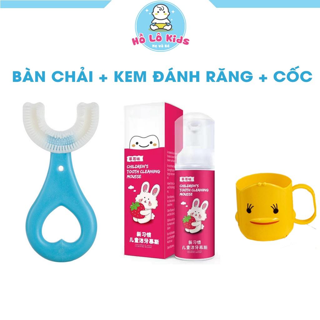 Combo 3 chi tiết bàn chải đánh răng chữ u silicon, kem đánh răng và cốc cho bé từ 2 đến 12 tuổi Hồ Lô Kids