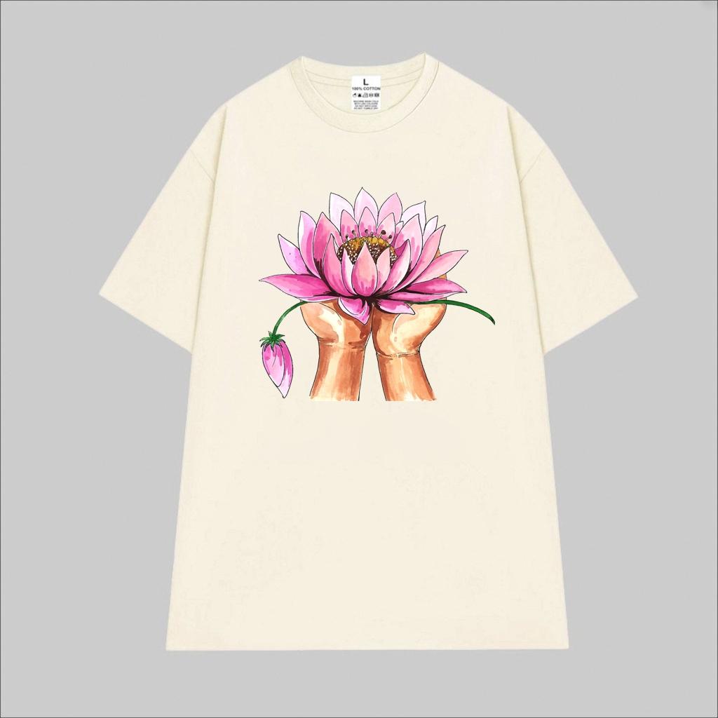 Cao cấp - Áo thun oversize hình vẽ màu nước đôi tay dâng hoa Sen lotus shirt BND553
