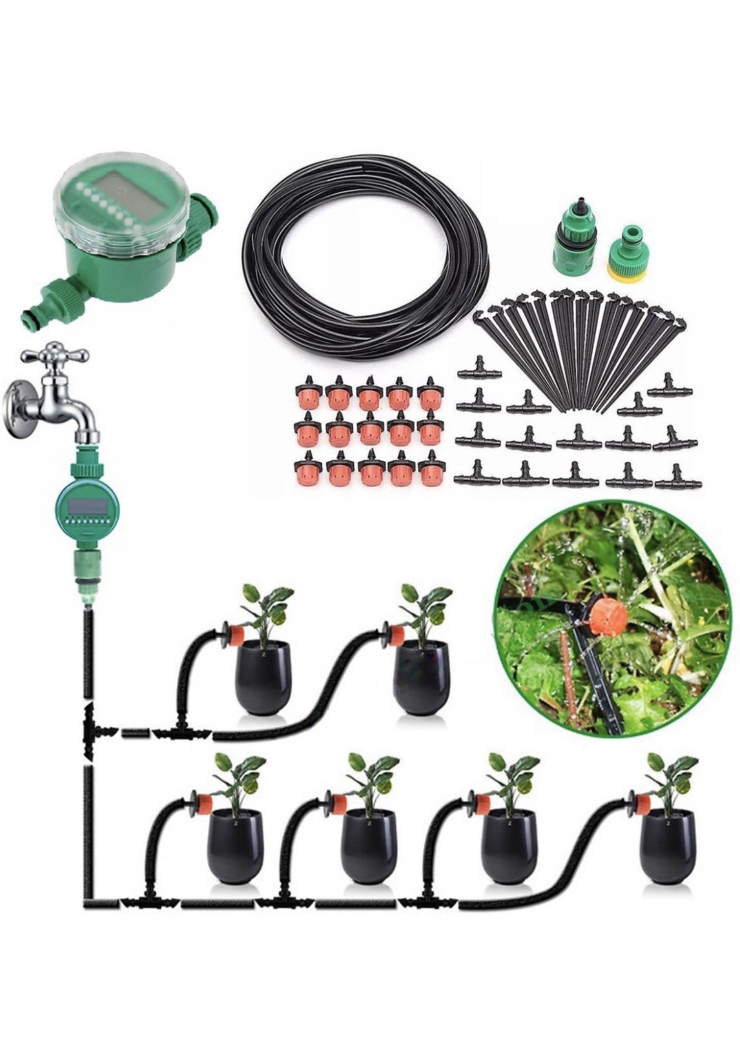 Combo bộ tưới cây tự động gồm 30 đầu tưới nhỏ giọt, 25m dây dẫn nước, 01 đồng hộ đặt thời gian tưới tự động và phụ kiện.