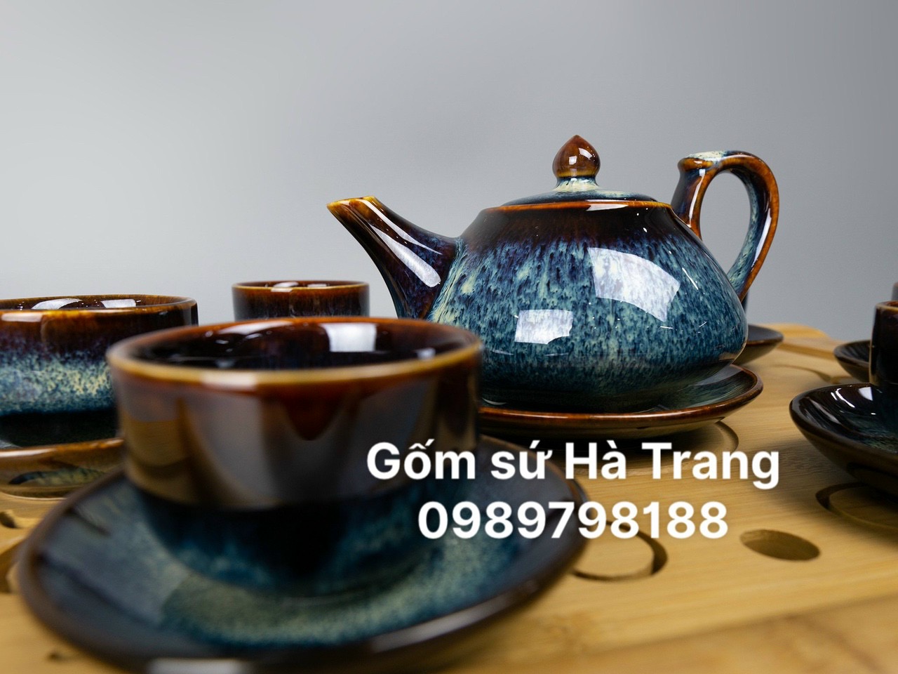 Bộ trà gốm sứ Bát Tràng cao cấp men hoả biến thiên thanh