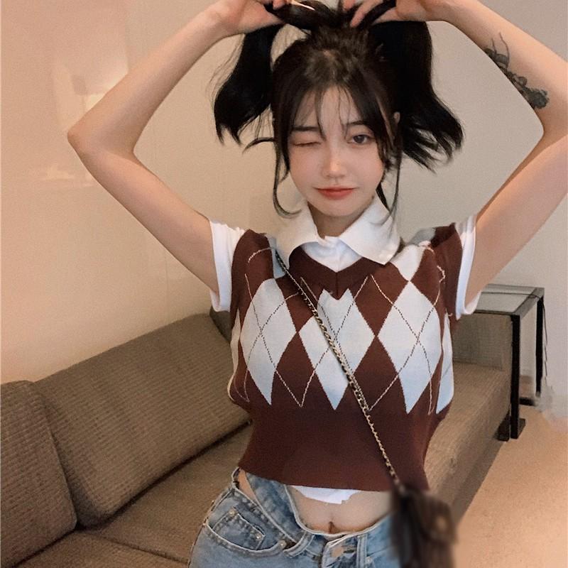 Áo Tank Top Dệt Kim Cổ Chữ V Màu Tương Phản Phong Cách Retro Cho Nữ