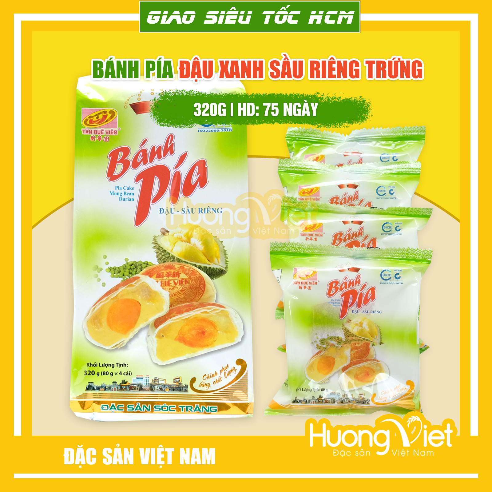 Đặc Sản Sóc Trăng - Bánh Pía Đậu Xanh Sầu Riêng Trứng Muối Tân Huê Viên 320G, Bánh Pía Sóc Trăng Chính Hãng