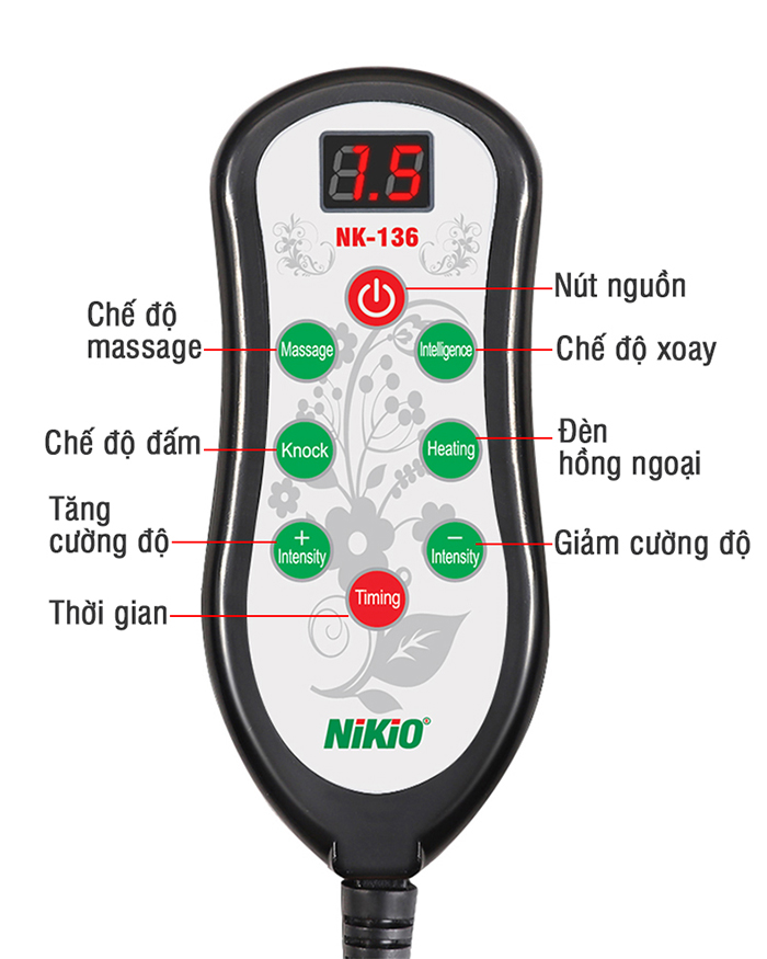 Máy (gối) massage đấm và xoa bóp lưng cổ vai gáy Nikio NK-136AC - Dùng được trên ô tô, 3 chế độ mát xa hỗ trợ trị đau nhức mỏi