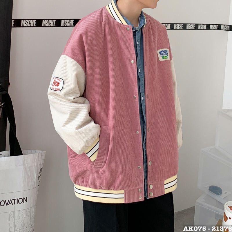Áo khoác bomber nhung gân thêu logo puc.by 44 form rộng Couple jacket Varsity