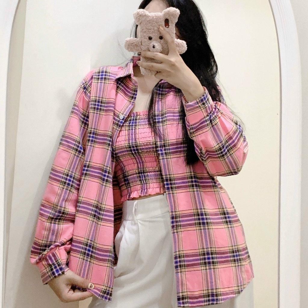 Set áo sơ mi caro ngoài kèm áo ống nhún thun xinh xắn thời trang hot