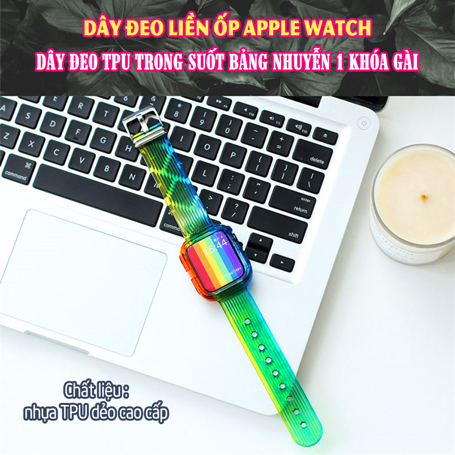 Dây Đeo liền ốp dành cho Apple Watch 7/6/5/4/3/2/1 size 38/40/41/42/44/45mm TPU trong suốt bản nhuyễn 1 khóa gài - Cầu Vồng (tặng cường lực dẻo theo size)