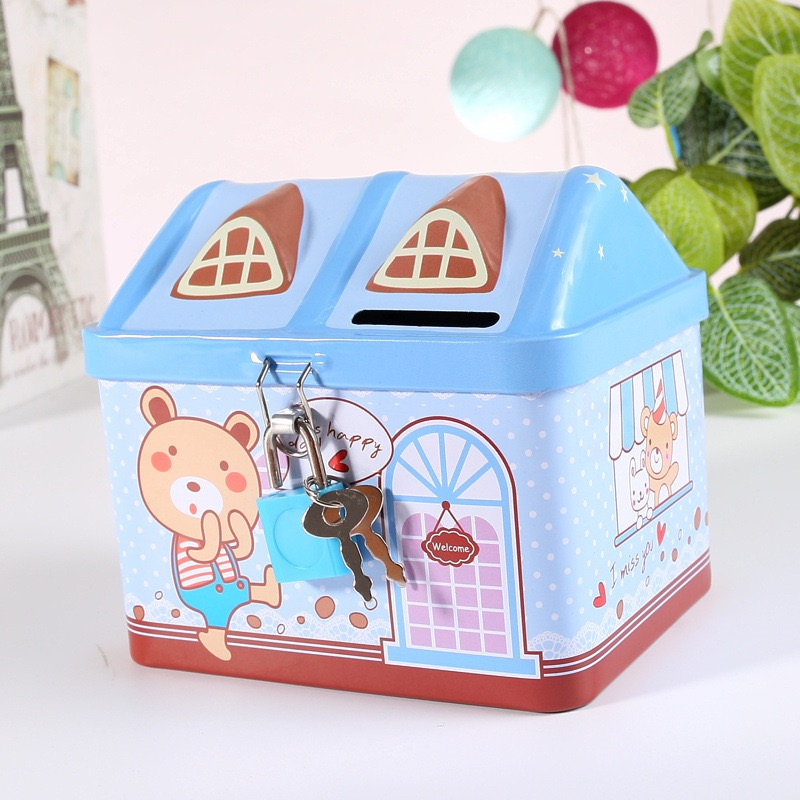 Hộp tiền tiết kiệm ngôi nhà kèm khóa an toàn hộp tiết kiệm tiền cho bé chất liệu hợp kim dễ thương tiện lợi cho bé