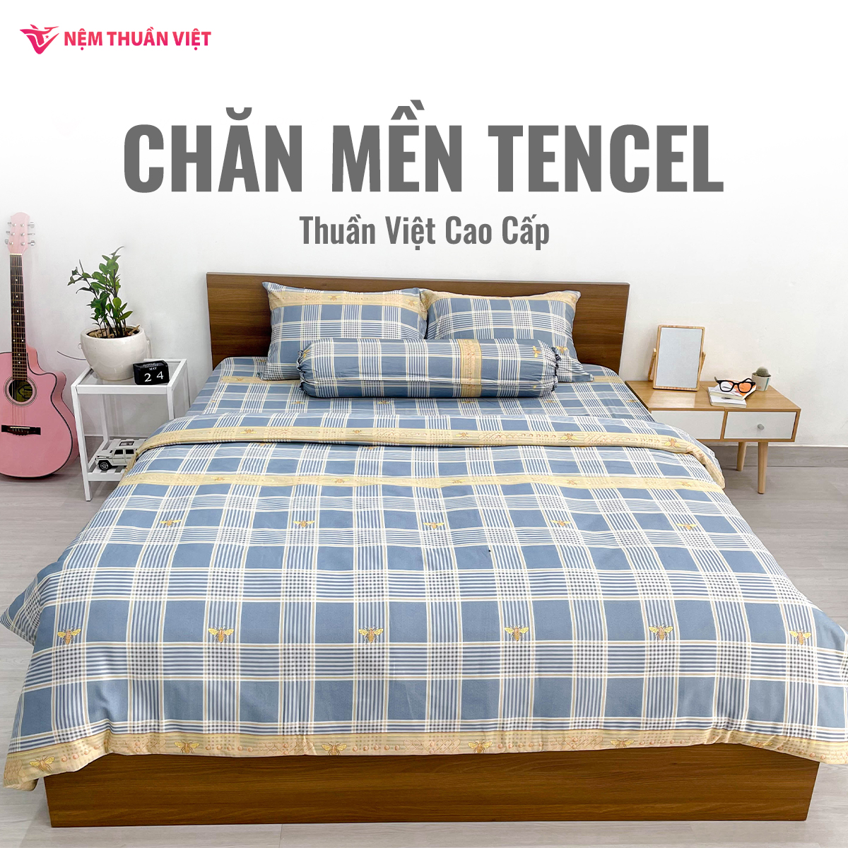 Chăn Mền Tencel Thuần Việt Cao Cấp - Họa Tiết Kẻ Sọc Con Ong TVM04180x200