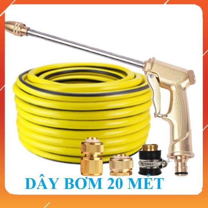 Bộ dây vòi xịt nước rửa xe, tưới cây . tăng áp 3 lần, loại 20m 206701-3 đầu đồng, cút đồng