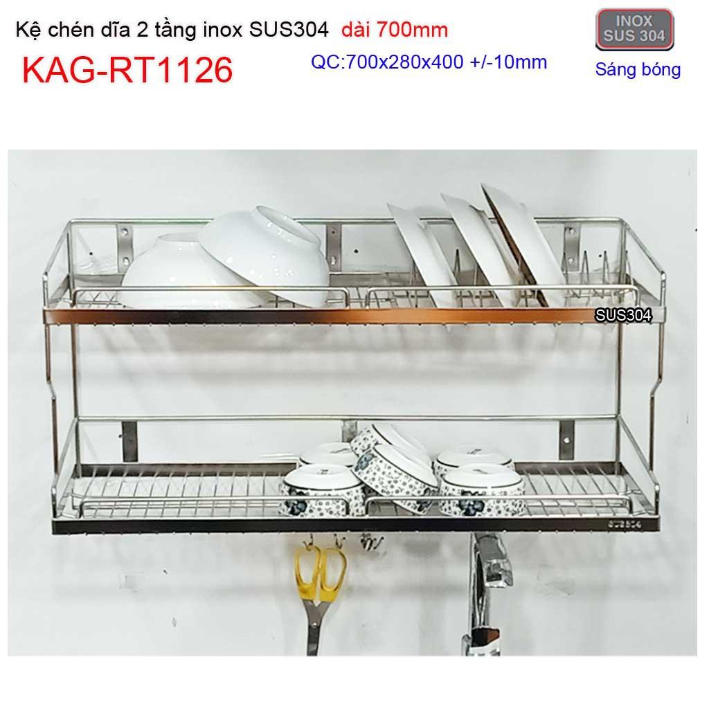 Kệ đựng chén bát inox SUS304, kệ úp chén dĩa 2 tầng dài 70cm KAG-RT1126