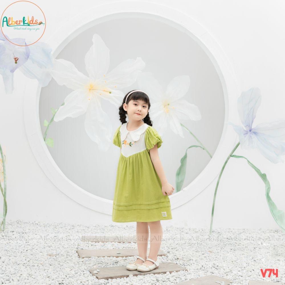 Váy bé gái ALBERKIDS 2 màu sắc xanh, cam đất thêu hoa cho trẻ em 2,3,4,5,6,7,8,9,10,11,12 tuổi