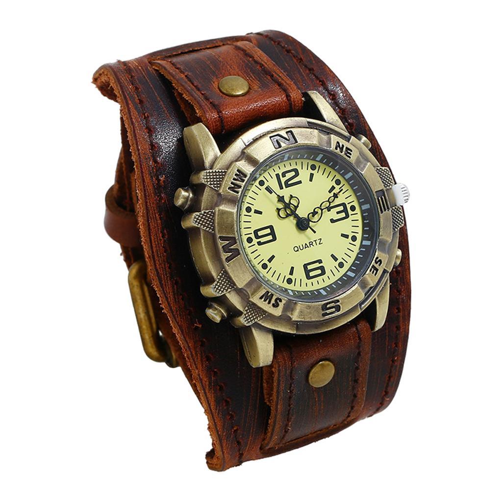 2Pcs Wristwatch Male Watch Band Leather Punk Vintage Bracelet