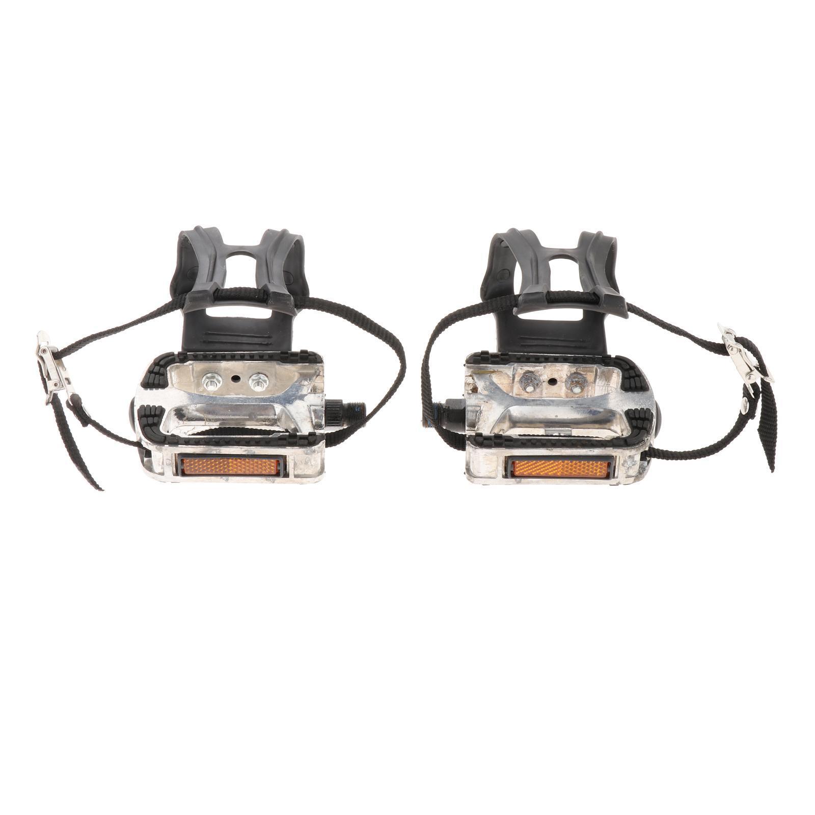 Bike Pedal with Straps and Toe Clips for Outdoor Cycling and Indoor Exercise Bike, Replacement Alloy Multipurpose Bicycle Pedals