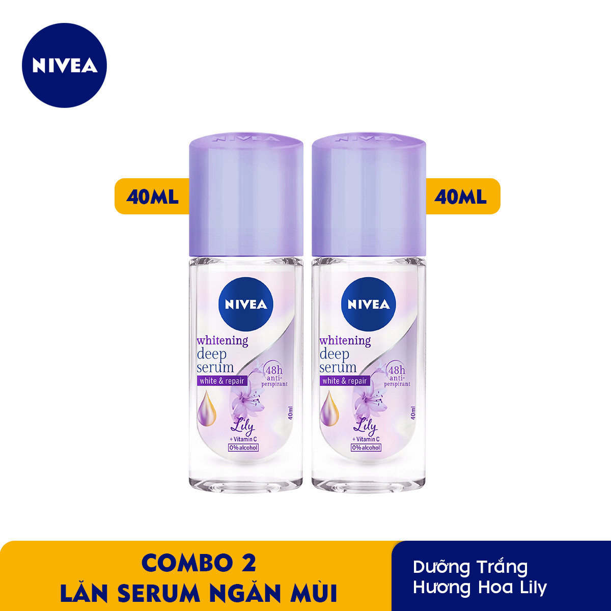 Combo 2 Lăn Serum Ngăn Mùi NIVEA Trắng Mịn Hương Hoa Lily (40ml) - 85310