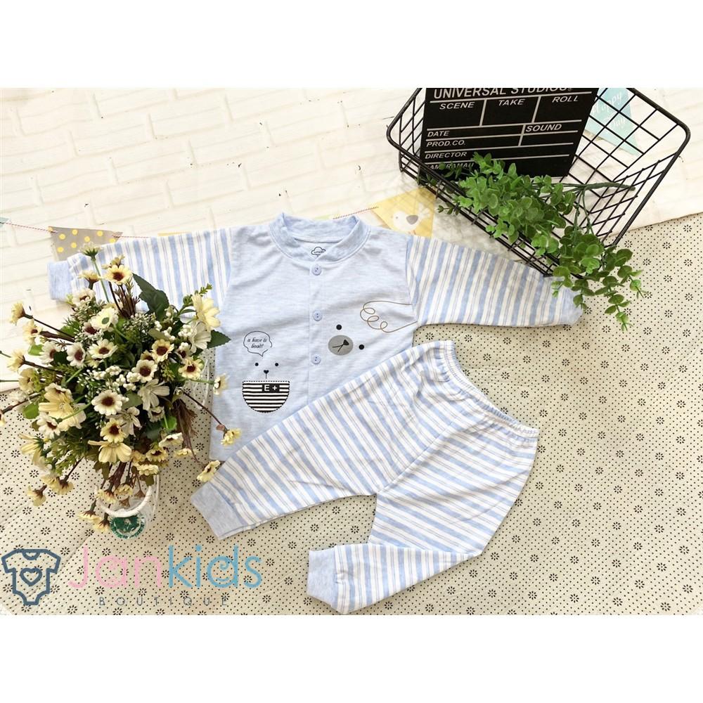 Bộ quần áo dài tay thu đông Unchi hình gấu nỉ cotton sợi tre mềm mịn, giữ ấm cho bé