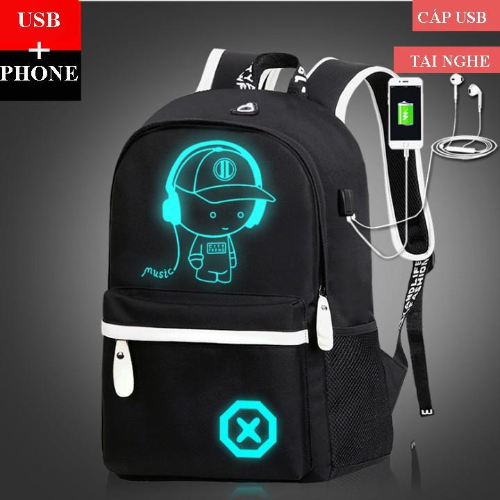 Balo Nam Phát Sáng Tặng Cáp Sạc USB, Chống Nước, Có Lỗ Tai Nghe Tiện Lợi