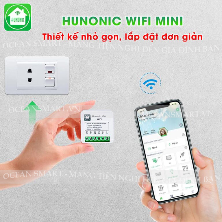 Công Tắc Thông Minh Wifi Hunonic Mini, Công Tắc Điều Khiển Từ Xa Qua Điện Thoại - HNMN02