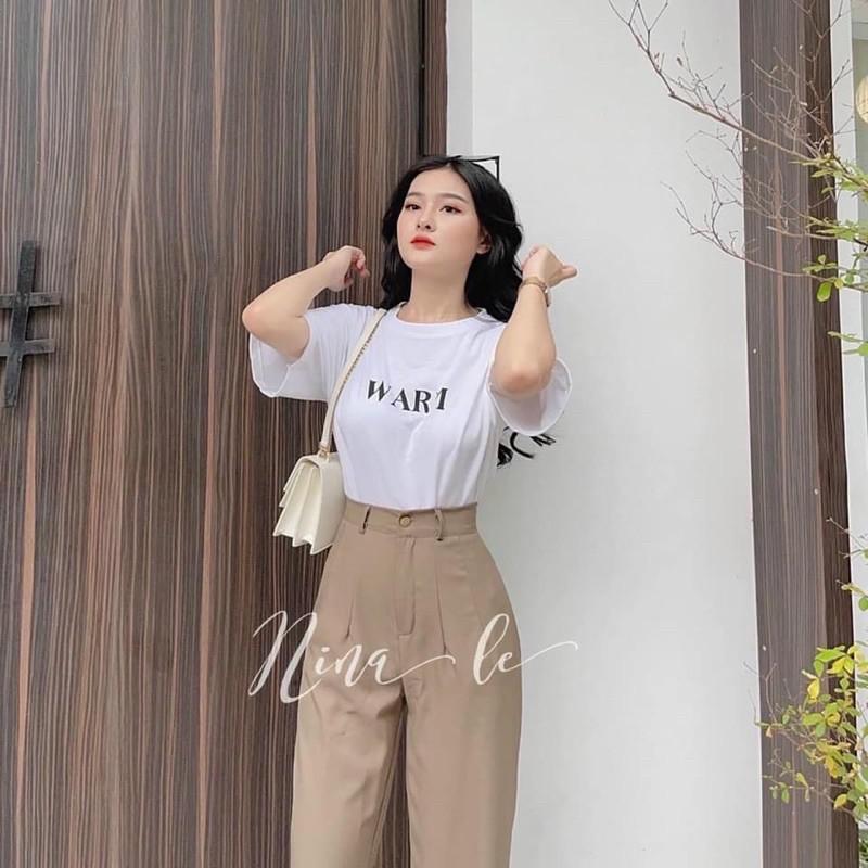 SET ÁO THUN TRẮNG CHỮ WARM MIX QUẦN ỐNG SUÔNG RỘNG BE LÊN DÁNG CHUẨN SIÊU XINH
