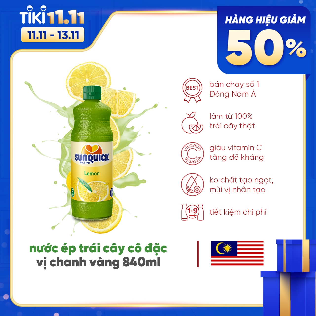 Nước ép chanh Sunquick Lemon squash juice 840ml