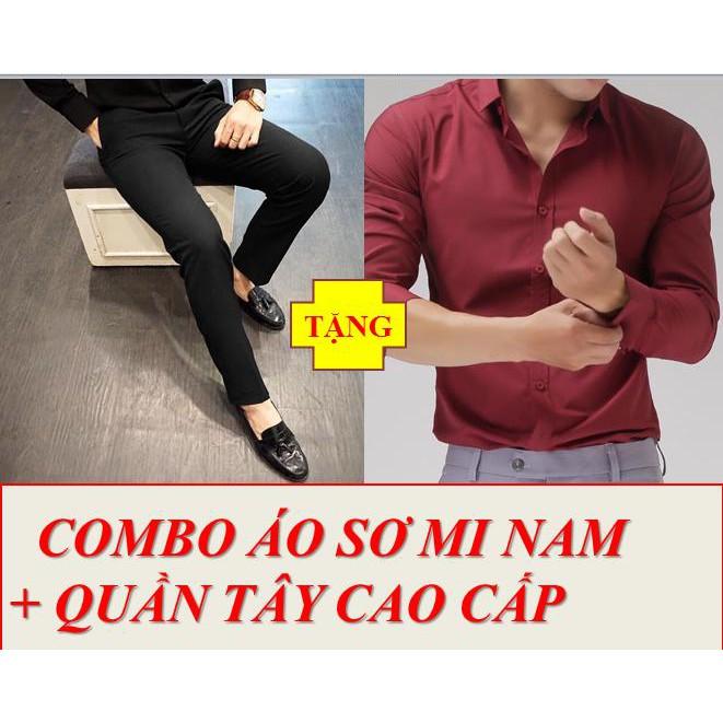 ÁO SƠ MI ĐỎ+ QUẦN TÂY ĐEN NAM THỜI TRANG CAO CẤP