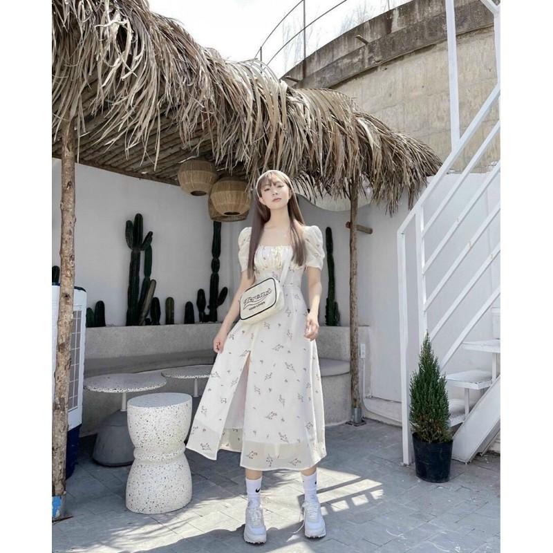 Maxi hoa nhíu ngực thắt nơ xẻ đùi