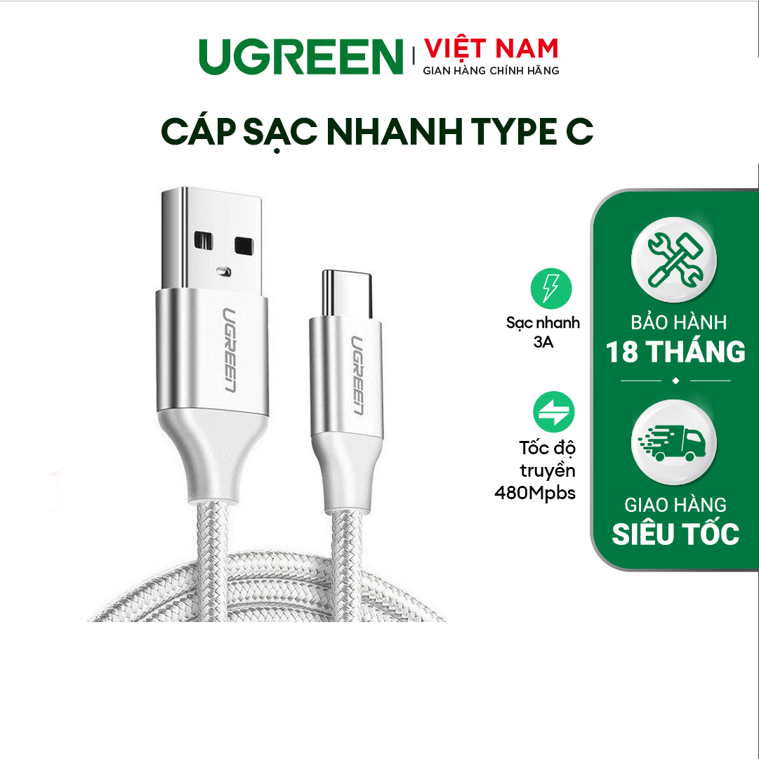 Cáp sạc và truyền dữ liệu UGREEN US288 cổng Type-c, độ dài từ 0.25m đến 2m, dòng 3A, đầu nhôm vỏ nylon - Hàng chính hãng