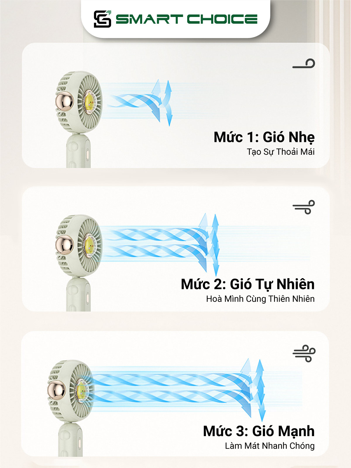 Quạt Mini Cầm Tay SmartChoice Hàng Chính Hãng SCG-PK175, Quạt Tích Điện Sạc Pin 800mAh 3 Tốc Độ Gió Gấp Gọn