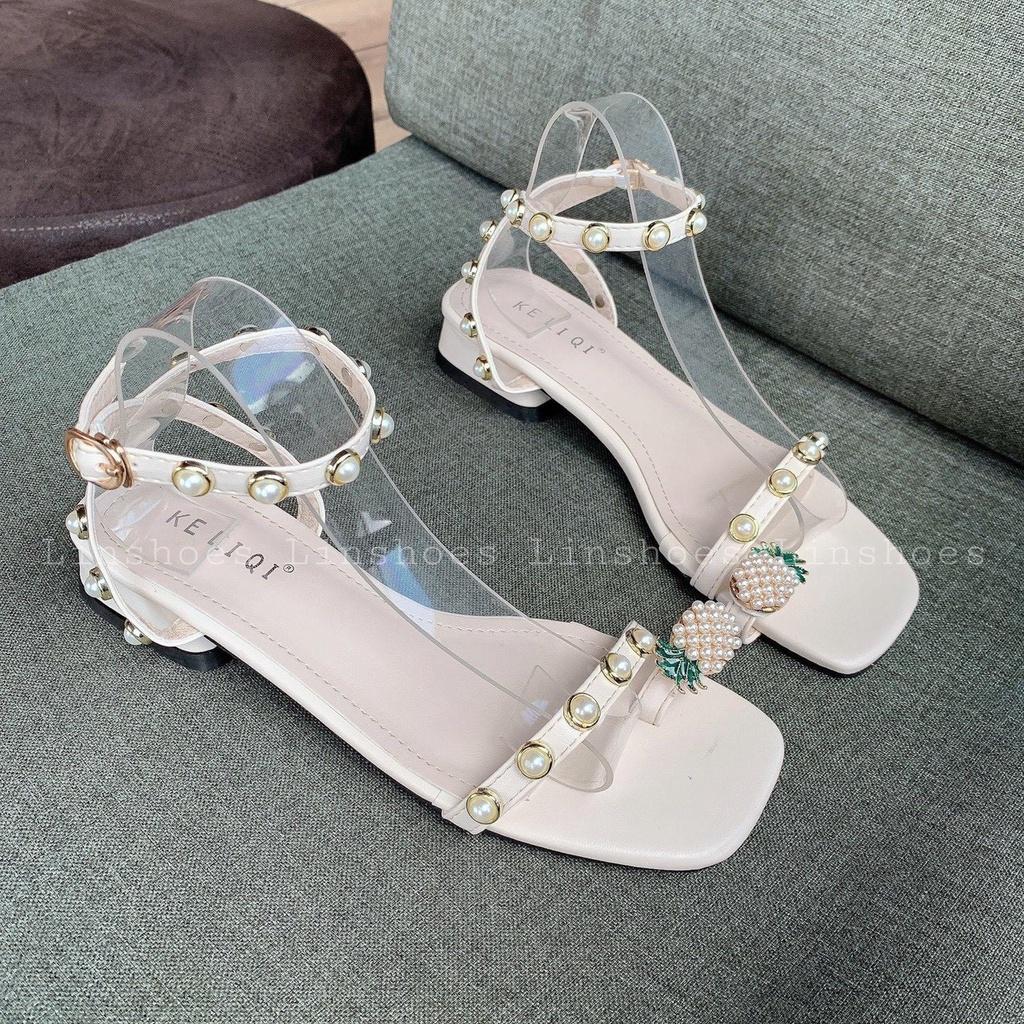 Dép sandal xỏ ngón dứa đính hột gót 3 phân dép quai hậu học sinh dễ đi