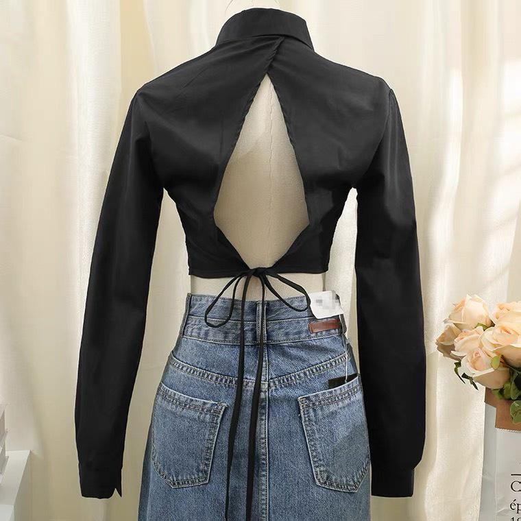 Áo sơ mi croptop nữ dài tay HAGA khoét rúm cầu ngực xẻ hở lưng cột nơ SMBL29