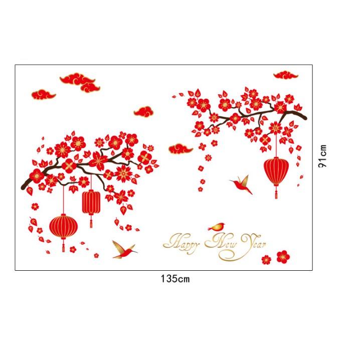 Decal trang trí tết - Cành Mai đỏ lồng đèn chữ HPNY vàng ánh