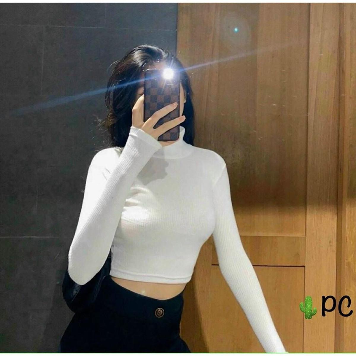 Áo cổ lọ tay dài Form CROPTOP - Thun Gân dày, co giãn tốt