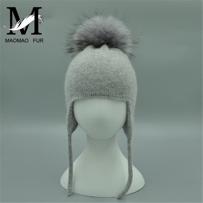 Nón Trẻ Em Trẻ Em Dễ Thương Ấm Beanies Bảo Vệ Tai Nón Mùa Thu Đông Bé Trai Bé Gái Angora Đan Nón Cho Bé Thật Lông Thú bóng Unisex Nắp