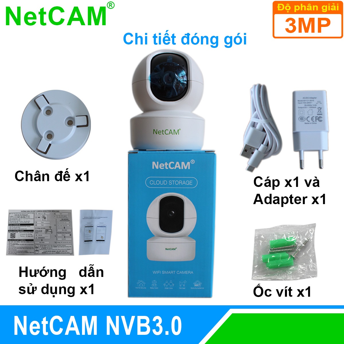 Camera IP WiFi Quay Quét 360 độ NetCAM NVB3.0, độ phân giải 3.0MP - Hàng Chính Hãng