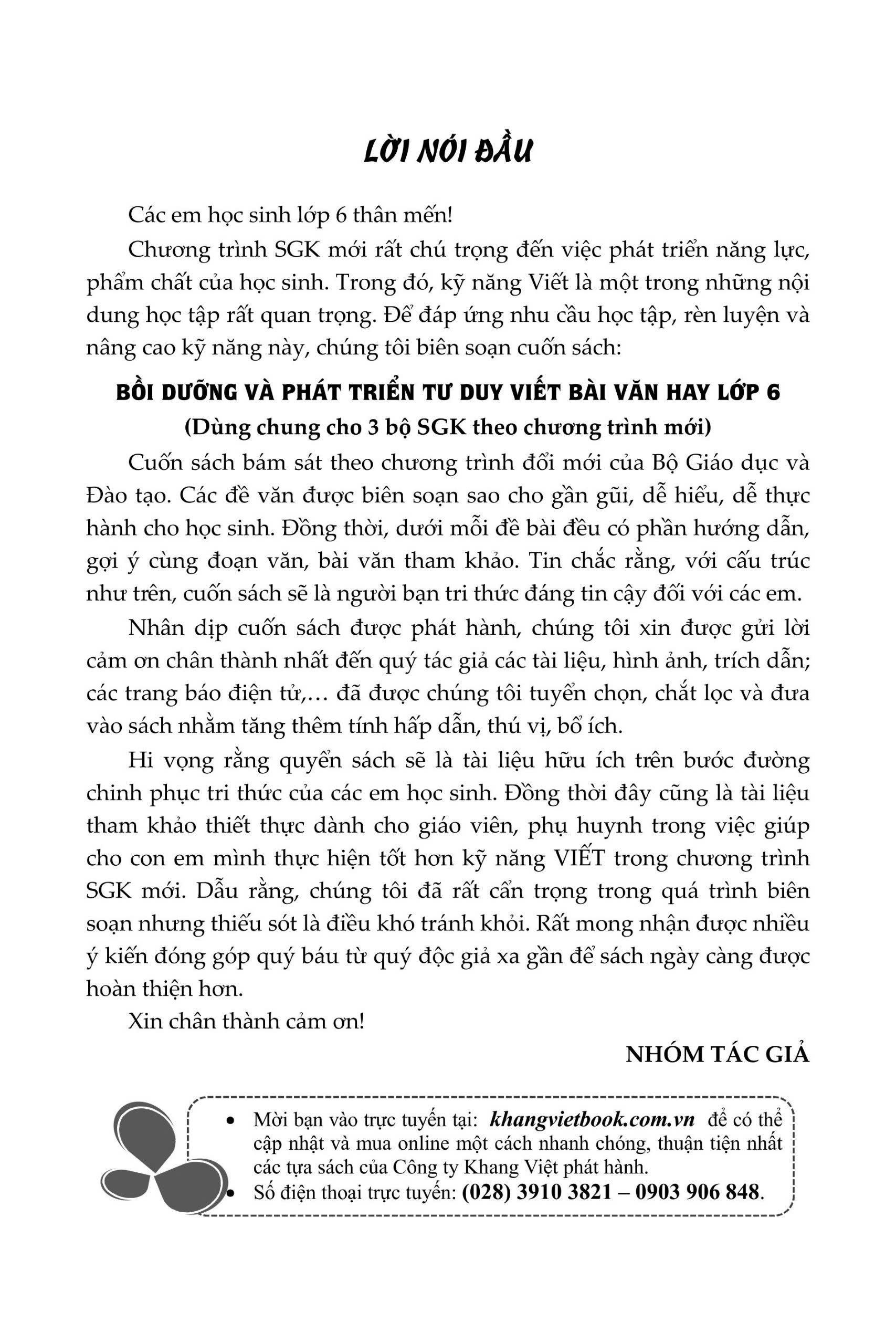 Sách - Bồi Dưỡng Và Phát Triển Tư Duy Viết Bài Văn Hay Lớp 6 (DÙNG CHUNG CHO 3 BỘ SGK THEO CHƯƠNG TRÌNH MỚI)